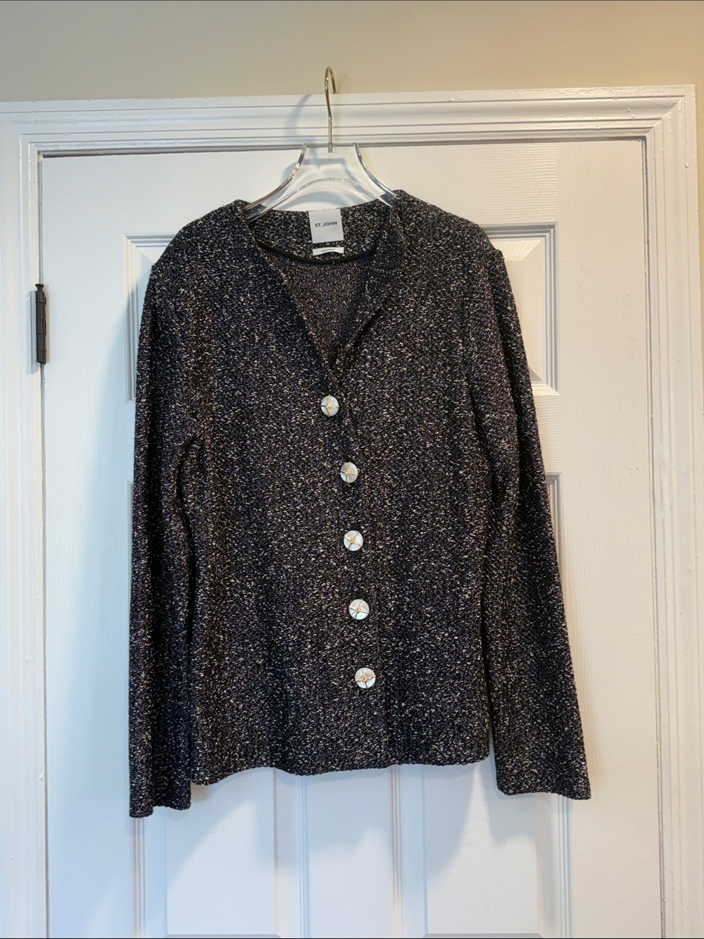 St. John Tweed Wool Blend Jacket Metallic Knit Cardigan Sz 14
